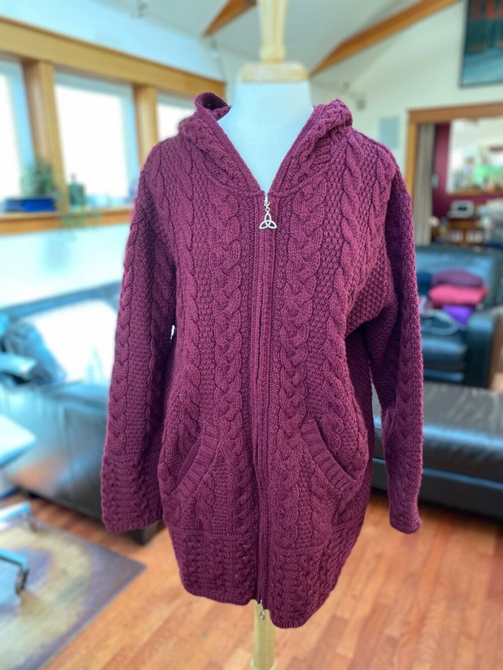 Aran burgundy cable knit Irish zip cardigan with hood and pockets, L